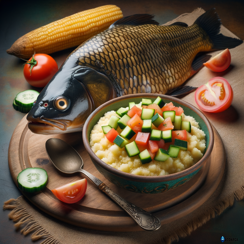 un image de couscous de manioc avec concombre et tomata coupés en dés avec carpe d'eau douce braisé morte et sans les yeux