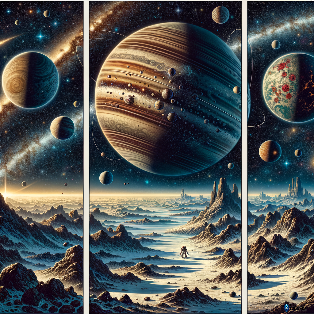 3 distinctly different images side by side: 1 kepler star system, 2 closer planetary orbit, 3 planet surface. make them illustrations. do not make them stylized. dont include random floating planets.