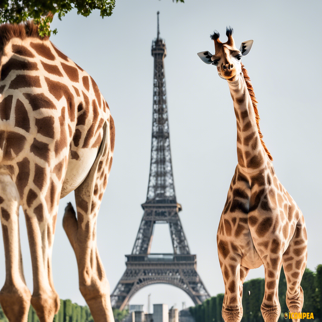 Giraffe standing in front of eiffel tower