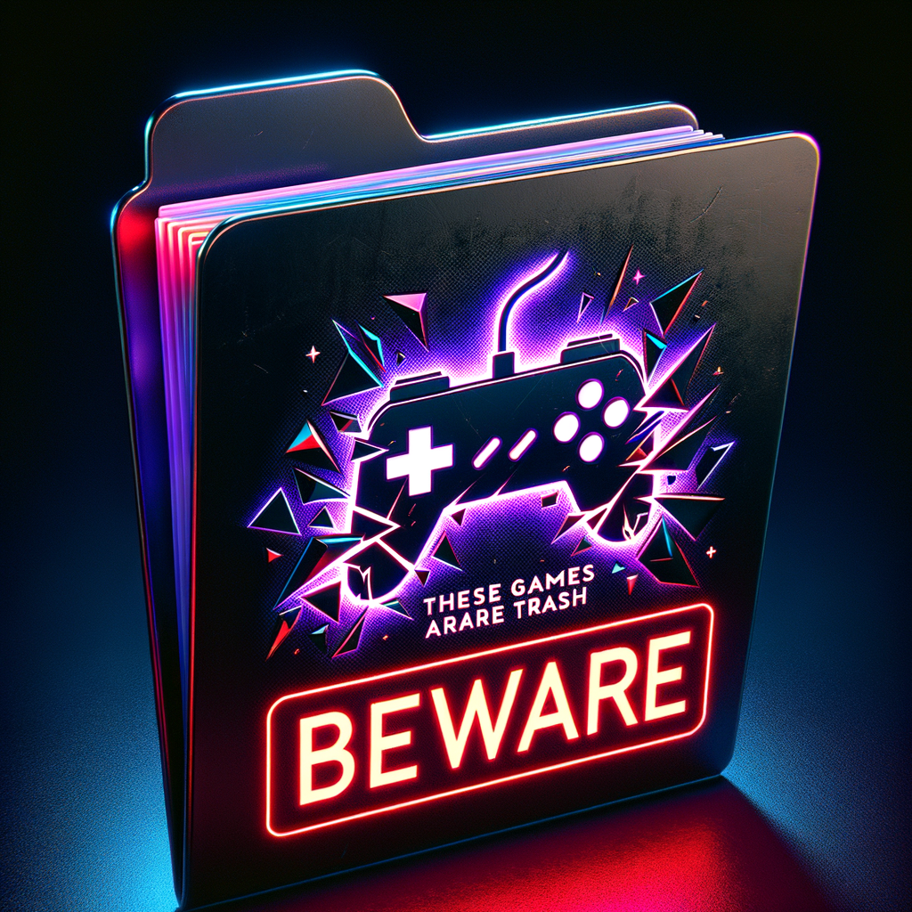 A dark futuristic Windows folder icon with a black folder and glowing neon accents in purple, cyan, and red. The folder is slightly open, showing a broken black PlayStation-style controller thrown inside. Across the folder, very large bold warning text in bright glowing red says: "THESE GAMES ARE TRASH - BEWARE". The text should look like a strong warning sign, aggressive and highly visible. Black background with neon lighting, cyberpunk style, high contrast, sharp clean icon design, centered composition, square 1:1 ratio, suitable as a desktop folder icon.