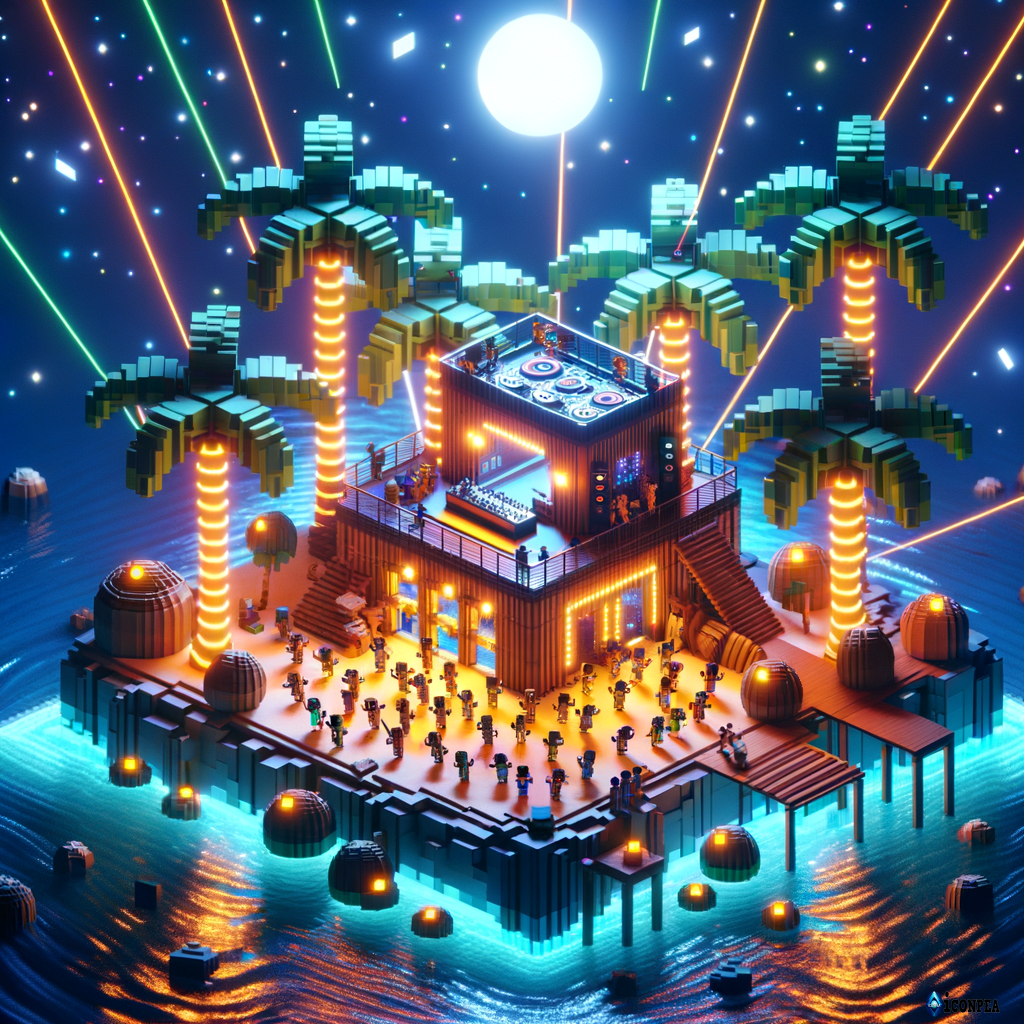 A Roblox-style scene showing a private tropical island turned into a disco party. The island has glowing neon palm trees, a sandy dance floor with Roblox avatars dancing under colorful lights, a DJ booth made of bamboo and coconuts, and the ocean glowing with reflections from lasers and disco lights. The night sky is full of stars, and the whole vibe feels exclusive, fun, and tropical — like a secret Roblox beach party.