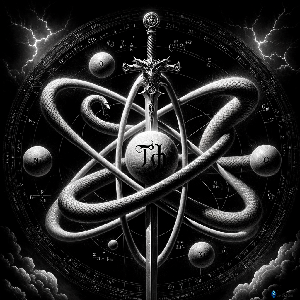 white text "TPK" on a black background, an atom symbol of uran-238 with a snake inside and a sword piercing the atom from top to bottom