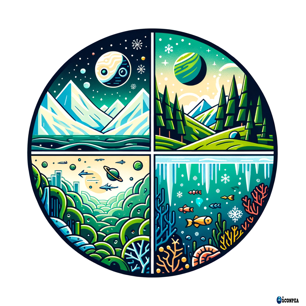 rounded logo with 4 different worlds: exoplanet, green, ice, underwater