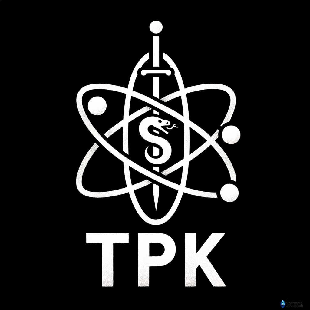 white text "TPK" on a black background, above letters an atom symbol of uran with a snake inside and a sword piercing the atom from top to bottom