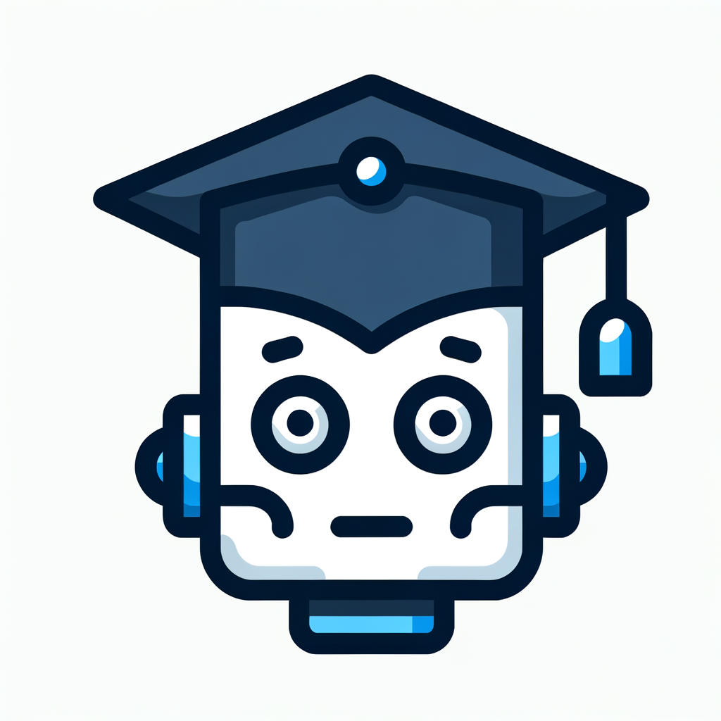 flat icon style icon of a robot head wearing a graduation cap, stroke only, one colour, no fill