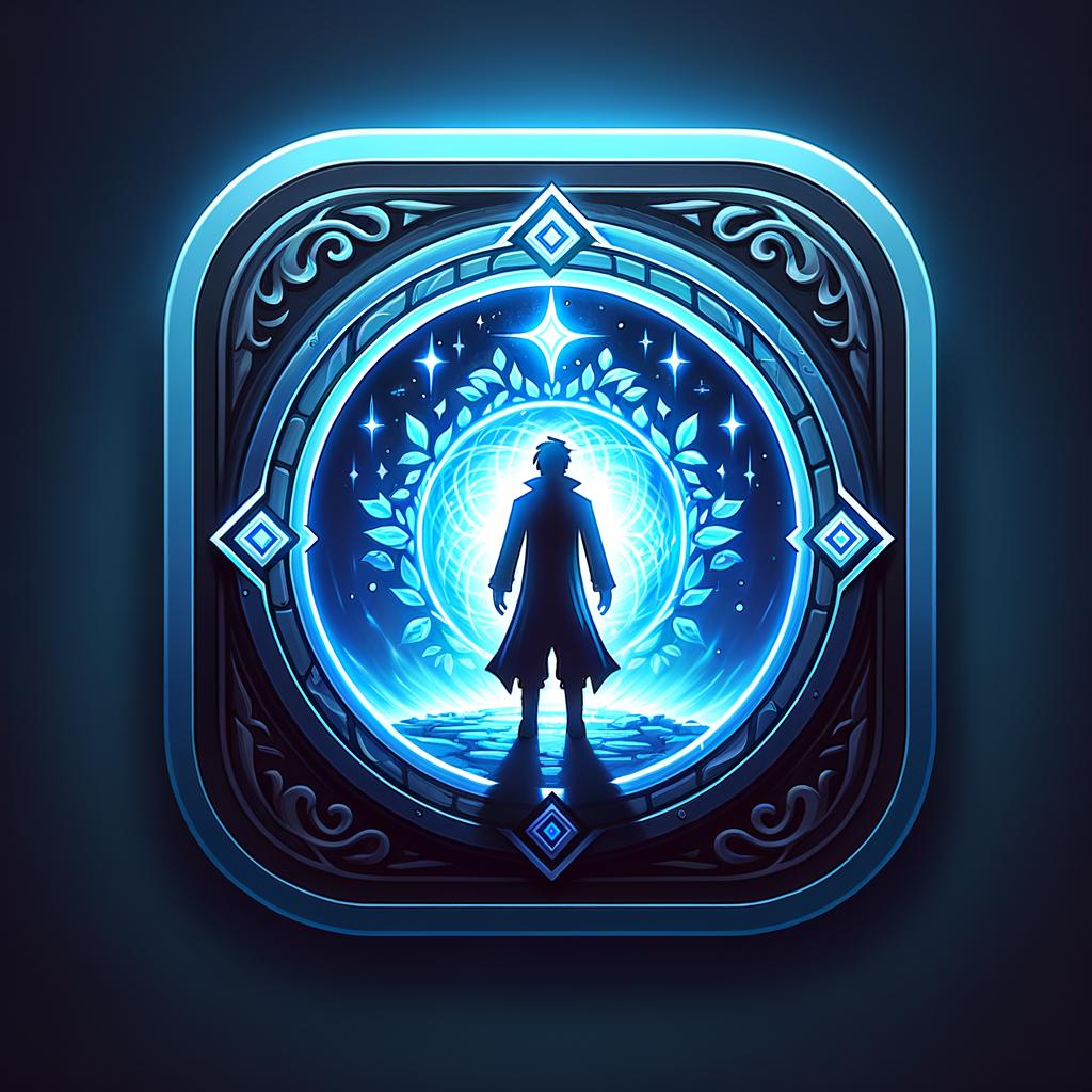 teleport npc icon, magical portal with npc silhouette, blue glow, remote interaction symbol, fantasy UI icon, centered, sharp details , fantasy MMORPG UI icon, metin2 style, 32x32, centered, dark background, high contrast, glowing edges, sharp, game interface icon, no text, no border