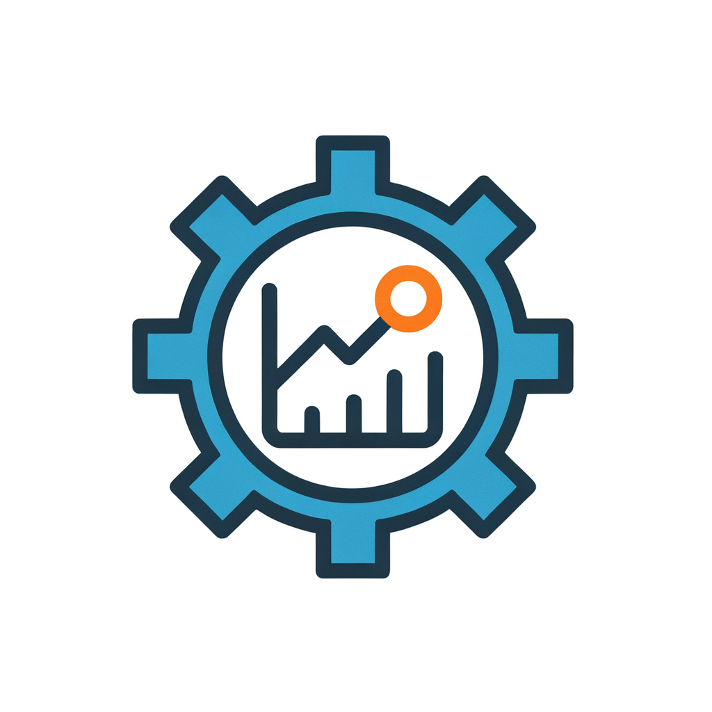 minimal flat icon, gear combined with line chart, industrial automation, PLC monitoring, blue and orange color scheme, clean vector style, modern UI, no text, white background, simple shapes, high contrast