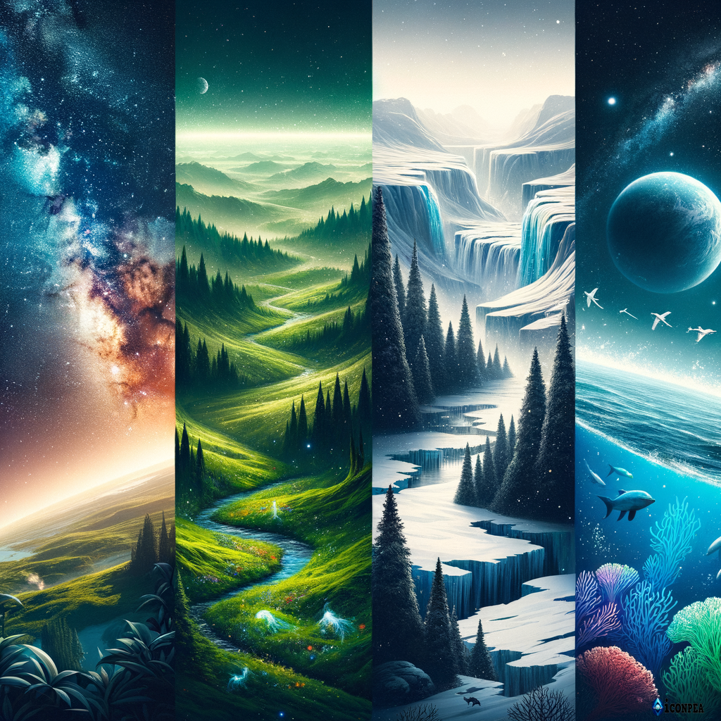 logo with 4 different worlds, space, green, ice and underwater