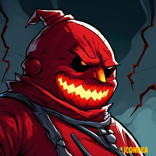 the head of an evil dark red snowman with red eyes, who has a big gear instead of a hat and a bitten carrot instead of a nose