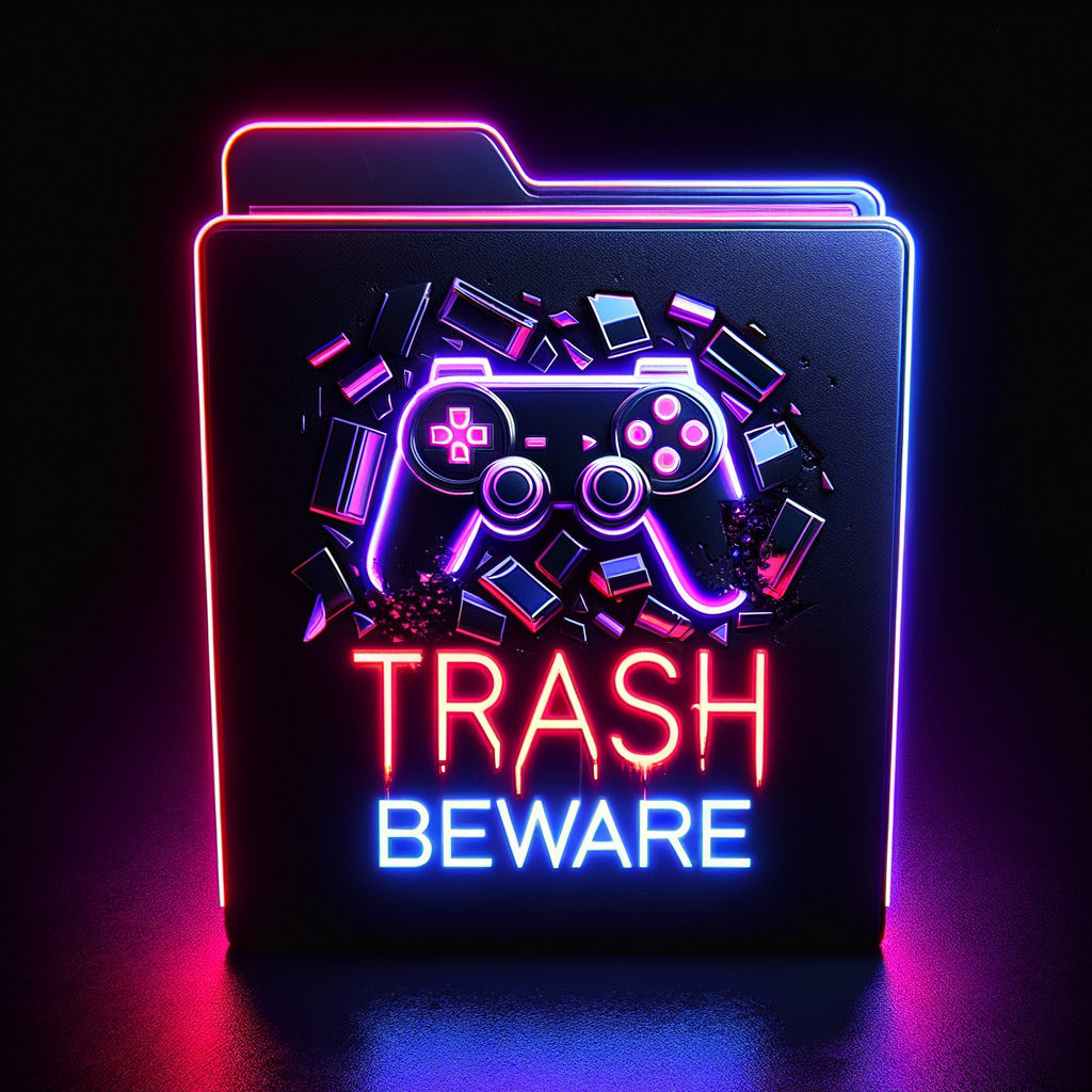 A dark futuristic Windows folder icon with a black folder and glowing neon accents in purple, cyan, and red. The folder is slightly open, showing a broken black PlayStation-style controller thrown inside. Across the folder, very large bold warning text in bright glowing red says: "Trash - BEWARE". The text should look like a strong warning sign, aggressive and highly visible. Black background with neon lighting, cyberpunk style, high contrast, sharp clean icon design, centered composition, square 1:1 ratio, suitable as a desktop folder icon.