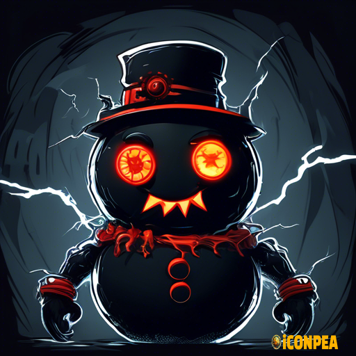 the head of an evil black snowman with red eyes, who has a big gear instead of a hat and a bitten carrot instead of a nose