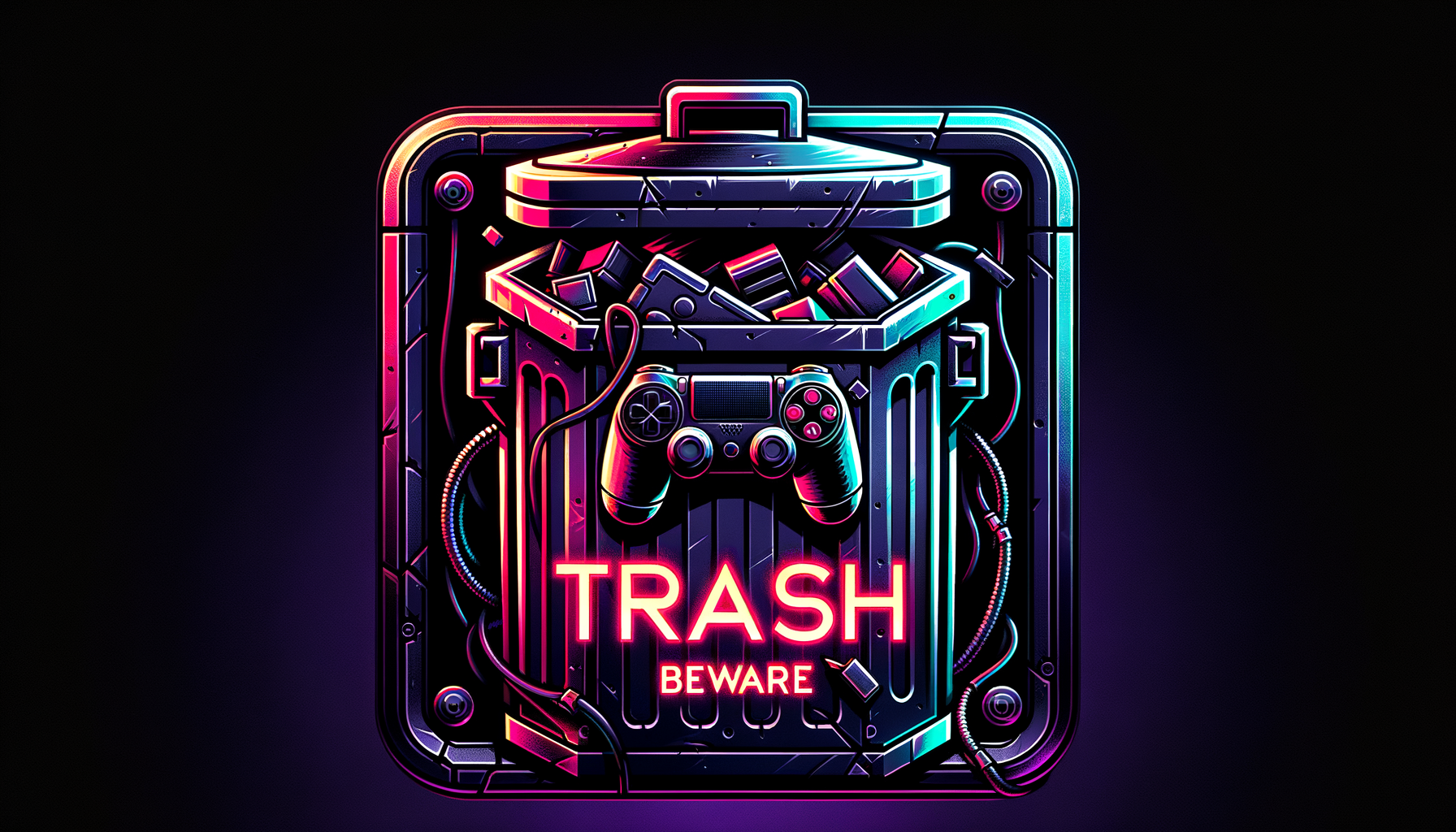 A dark futuristic trash can icon with a black metal trash can and glowing neon accents in purple, cyan, and red. The trash can is slightly open, showing a broken black PlayStation-style controller thrown inside. Across the trash can, very large bold warning text in bright glowing red says: "Trash - BEWARE". The text should look like a strong warning sign, aggressive and highly visible. Black background with neon lighting, cyberpunk style, high contrast, sharp clean icon design, centered composition, square 1:1 ratio, suitable as a desktop ICO icon.