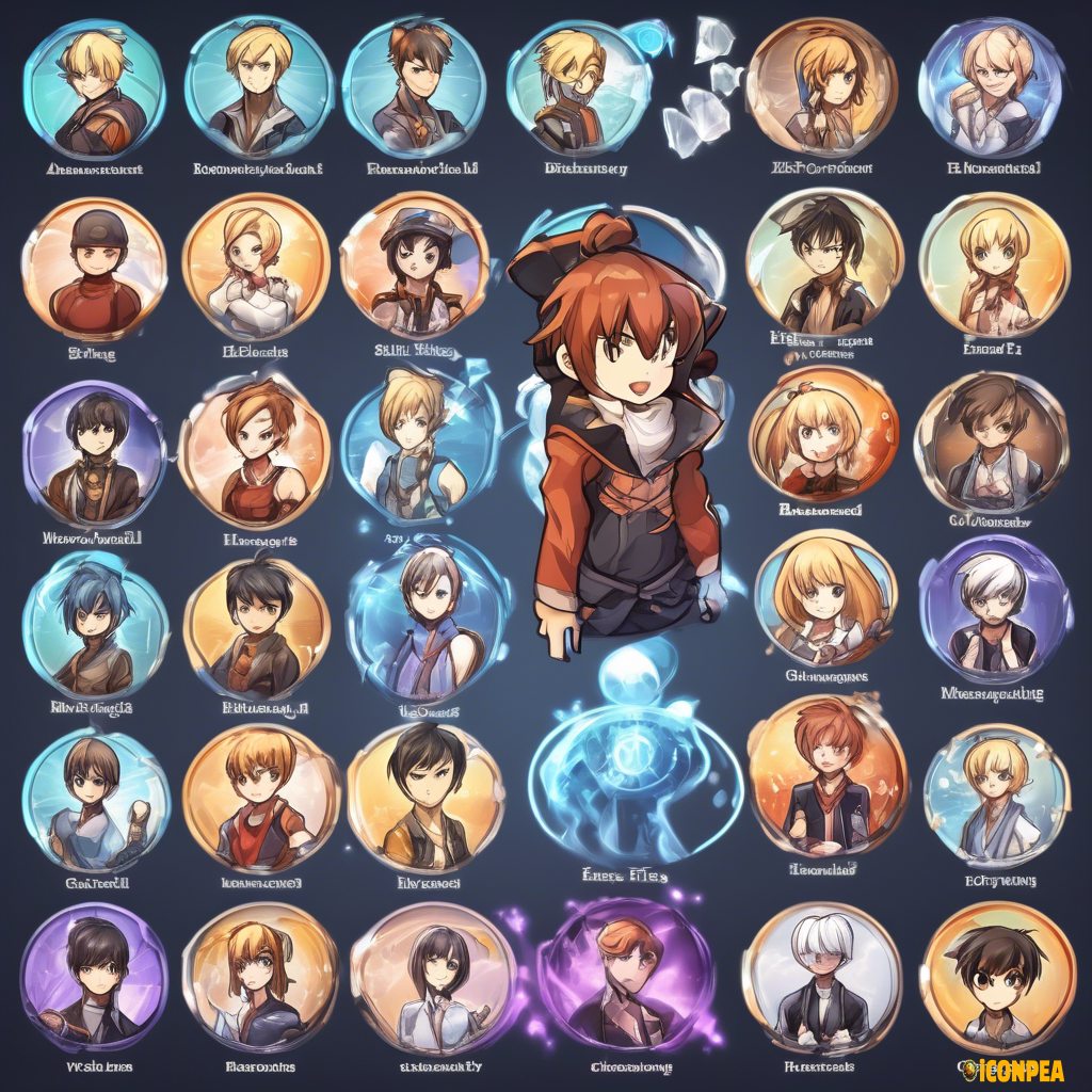 Objective: Create an anime-style icon layout for each of the defined skills, in a format matching the provided example image.  10 skills for each of the characters mentioned above.  Details for each icon/design:  Clear Visual Representation The artwork must immediately convey whether the skill is Physical, Magical, Buff, Debuff, or Healing (e.g. a fist for a physical move, an energy orb for a spell, a heart for healing, etc.).  Show the Character’s Action Include a small silhouette or dynamic pose that highlights what the heroine does when using that skill (e.g. leaping into the air, summoning, raising a shield, casting a spell).  Style Anime style with clean linework and flat colors, enhanced by soft cel-shading.  Unified Frame or Badge Surround each icon with a consistent “fantasy-tech” frame or badge.  Format Transparent PNG, 128×128 px each (or similar), ready for use in HUDs or menus.