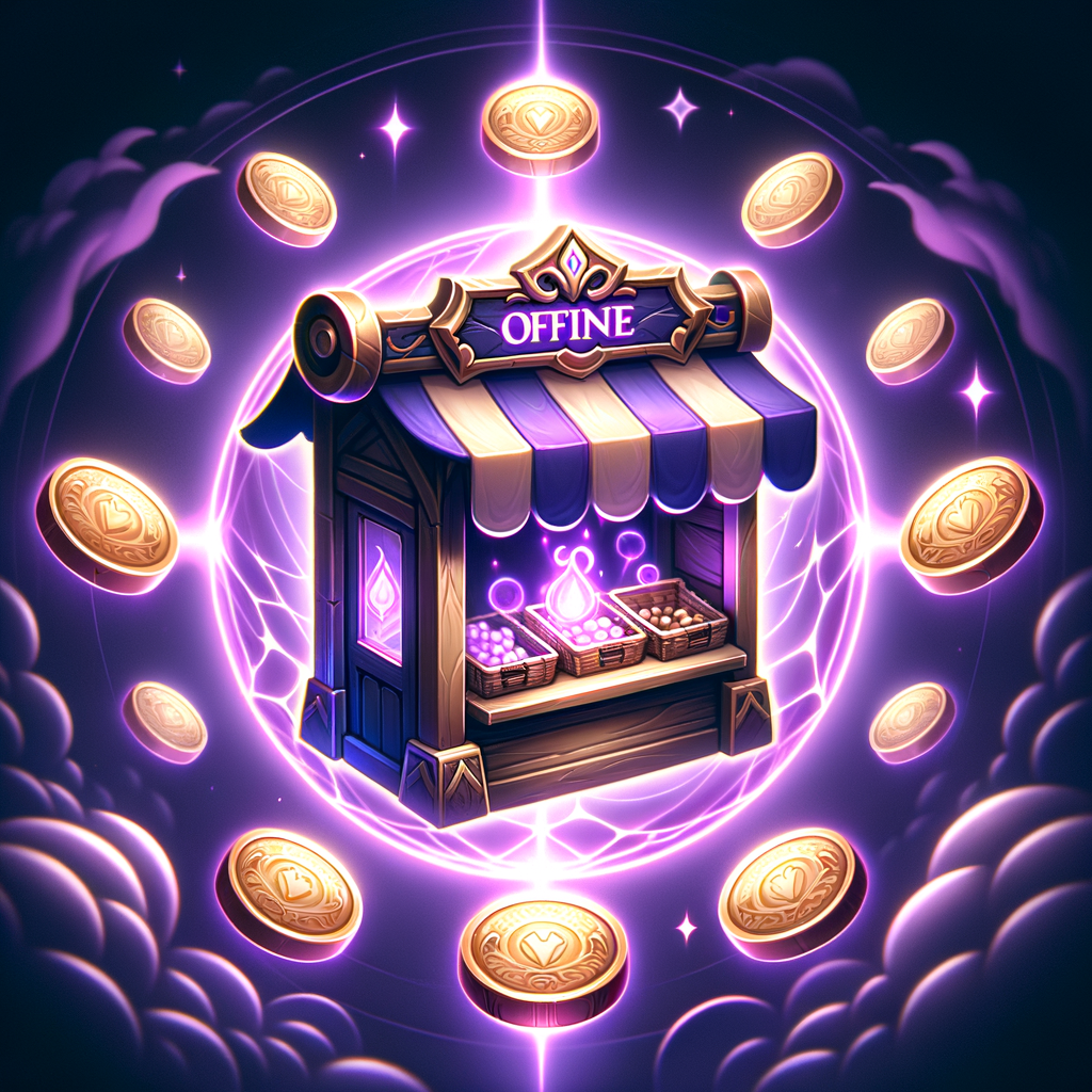 offline shop icon, fantasy market stall, glowing purple aura, magical trade symbol, floating coins, enchanted shop, dark background, epic rarity style, soft purple light, highly detailed, sharp, centered, MMORPG UI icon, no text, no border,isolated object, centered composition, game icon style