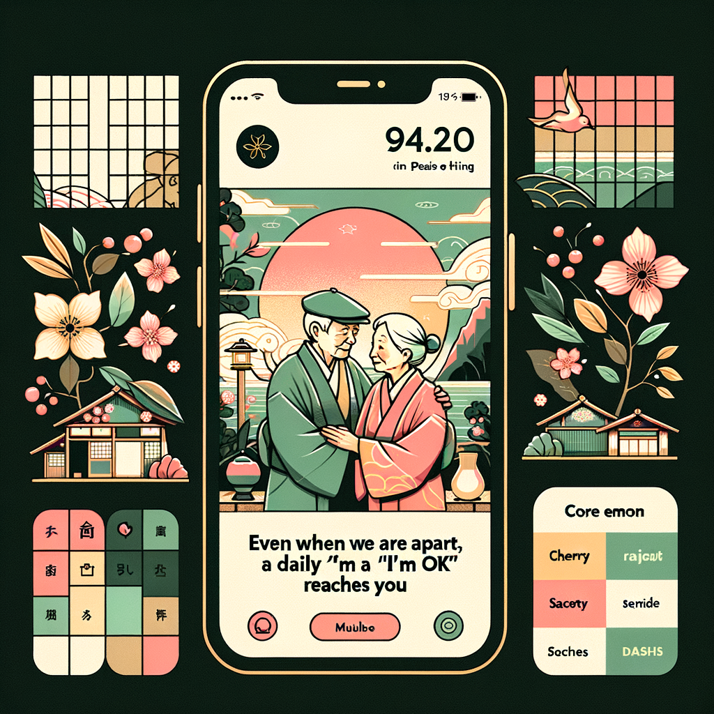 - App purpose: Family care/connection for Japanese elderly and their children   - Core emotion: 安心感 (peace of mind) — warmth, safety, daily connection   - Design style: 和風 (Japanese aesthetic), warm but not childish, dignified   - Key colors: Cherry pink (#E8A0B4), soft green (#A8D5A2), warm beige (#FAF8F5)   - Tagline: 離れていても、毎日「元気だよ」が届く