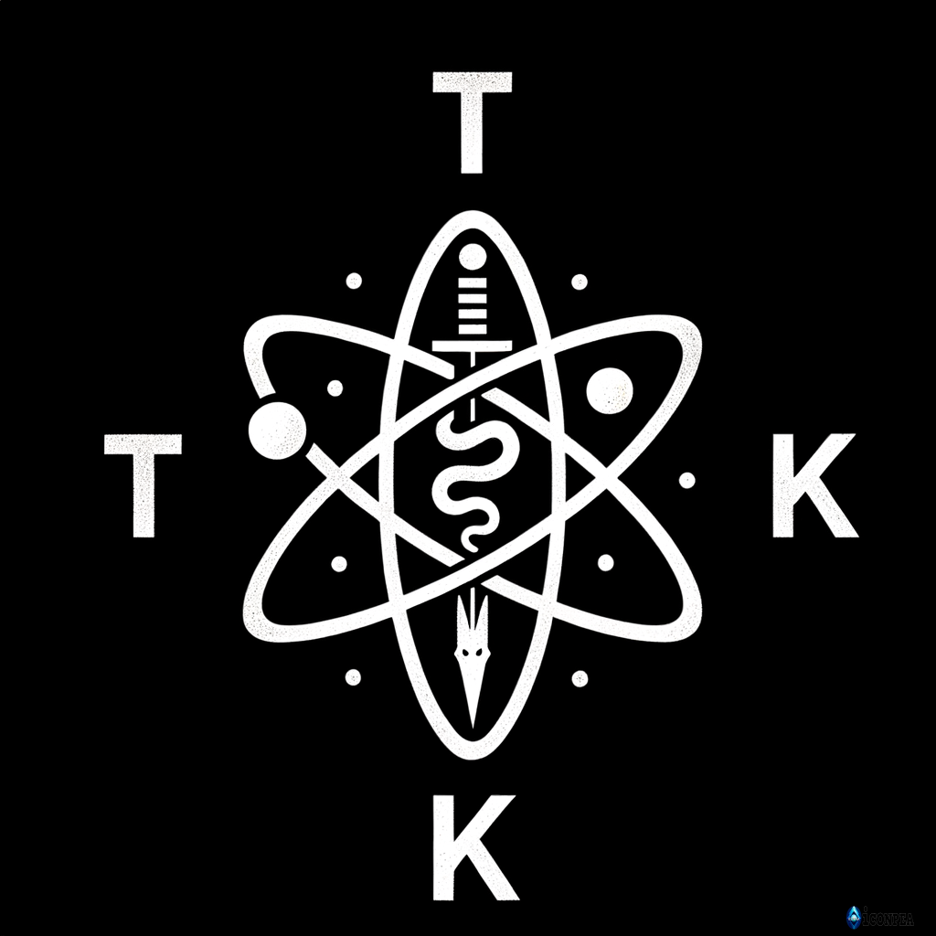 white text "TPK" on a black background, above letters an atom symbol of uran with a snake inside and a sword piercing the atom from top to bottom, minimalism, simple
