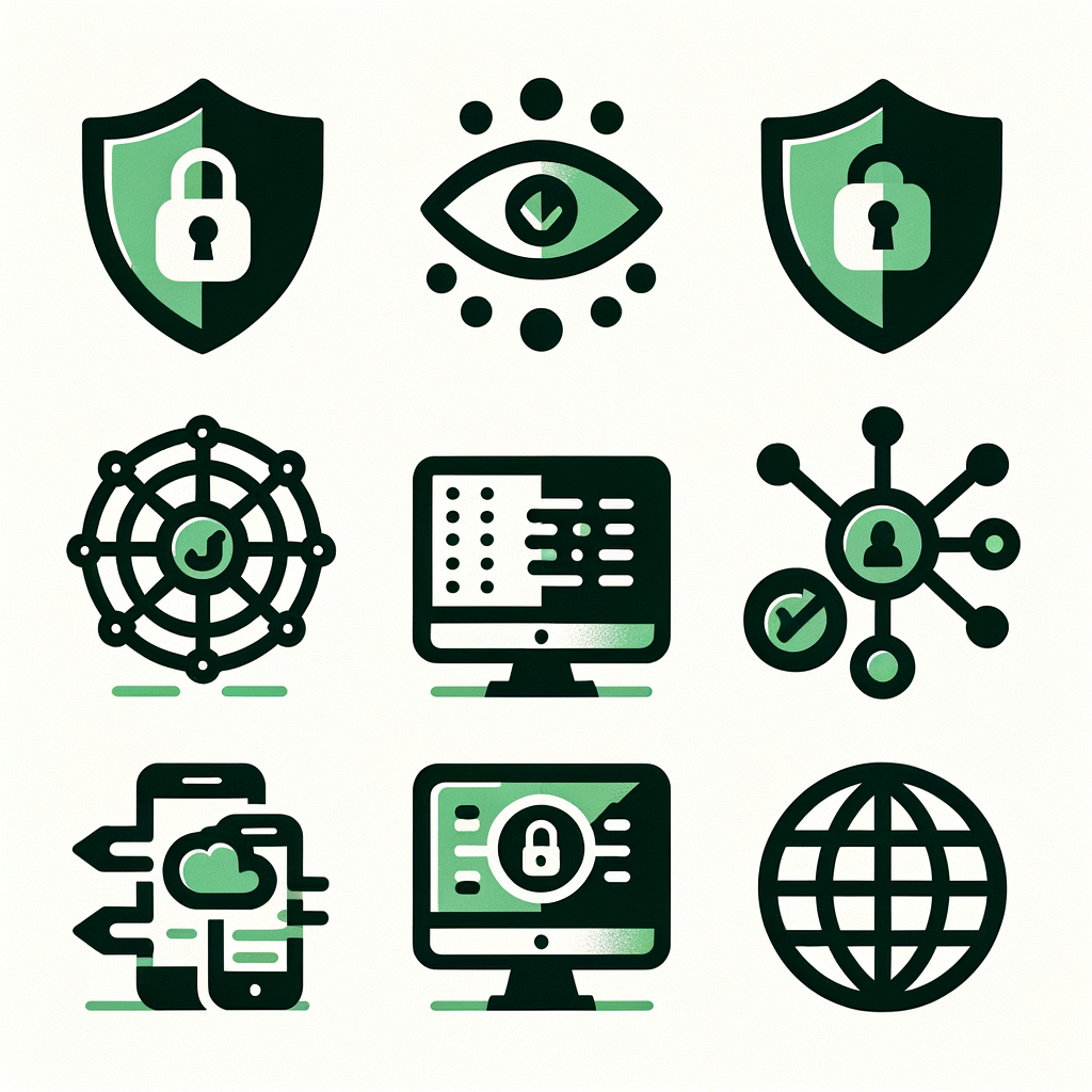 8 icons, all in the same style, a single icon set in a single green color. Clean vector style, rounded corners, uniform line weight, simple geometric shapes. No text, no background, centered, uniform size and scale. White background. Icons:  Bank-grade encryption — shield with lock  Shadowing — hidden eye or stealth silhouette  Windows kill switch — monitor with power-off symbol  SOCKS5 proxy — network nodes with proxy path  Auto-connect — circular arrows loop  DNS leak protection — shield over globe/network  Streaming optimized — play button with speed lines  Unlimited devices — phone, laptop, tablet combined
