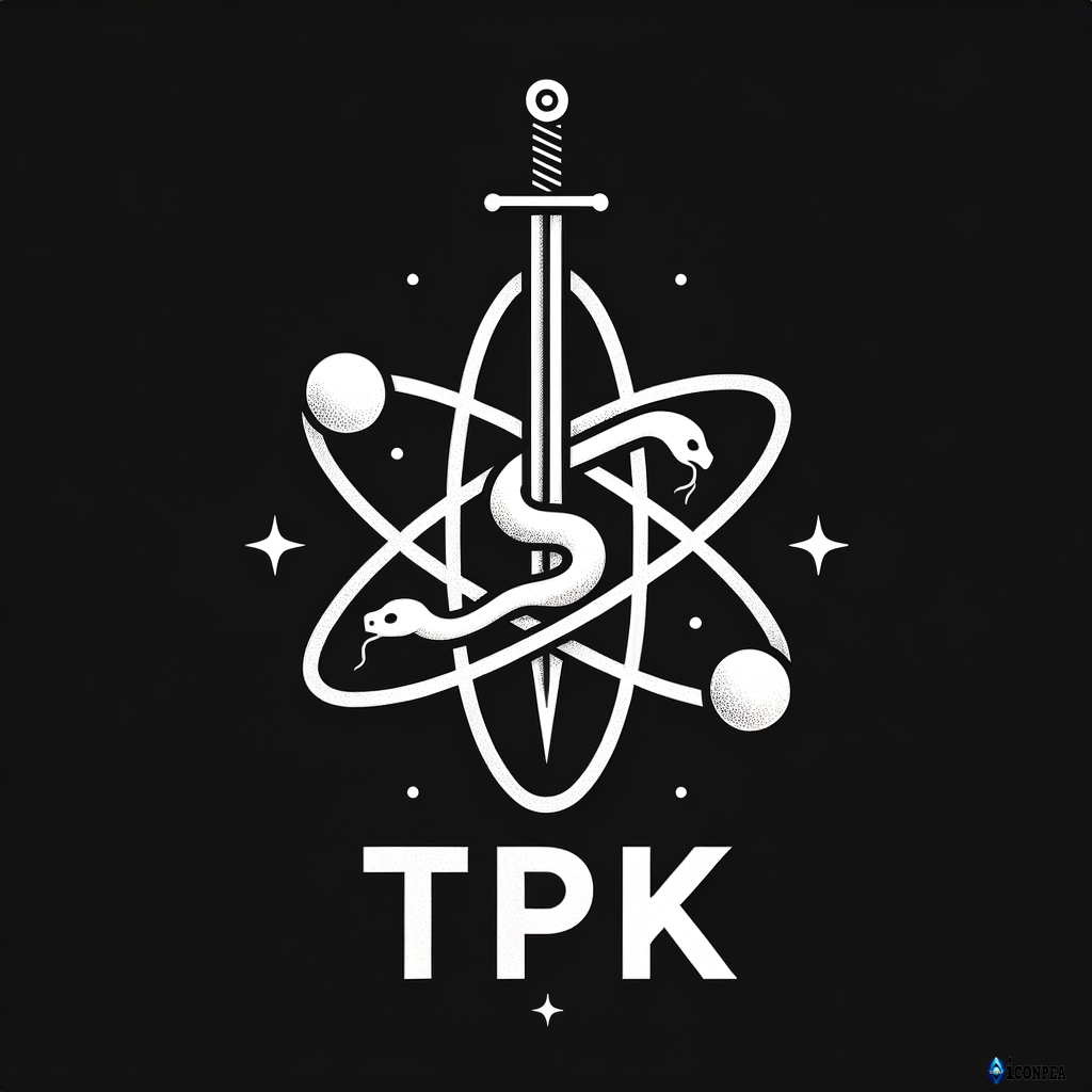 white text "TPK" on a black background, an atom symbol with a snake inside and a sword piercing the atom from top to bottom