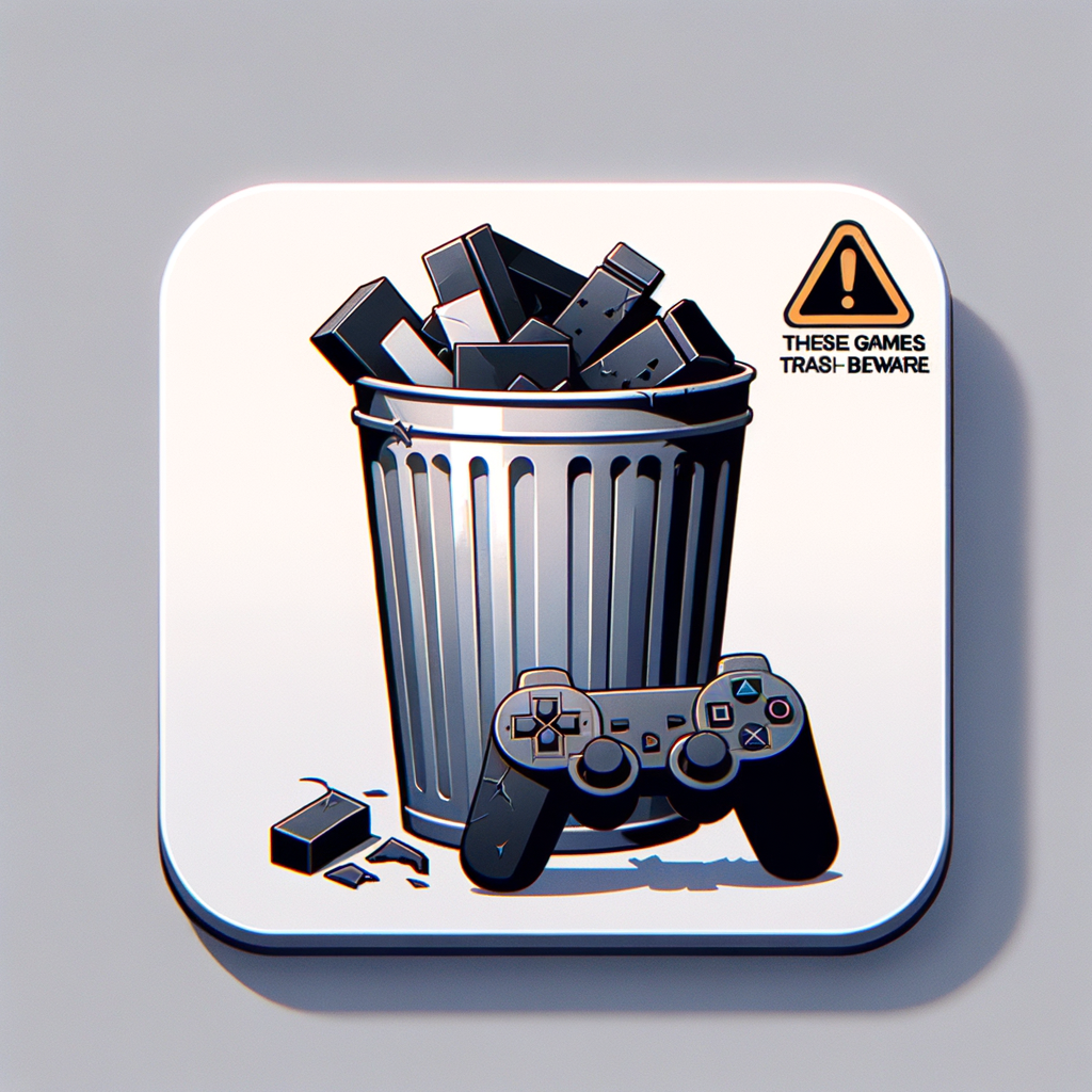 A simple square desktop icon, gray metal trash can with a white or light gray background. Inside the trash can there is a broken black PlayStation-style controller partially sticking out. Above or below the trash can, bold warning text says: "THESE GAMES ARE TRASH - BEWARE". Clean icon style, minimal details, high contrast, suitable as a Windows folder or file icon, centered composition, no extra objects, 1:1 ratio.
