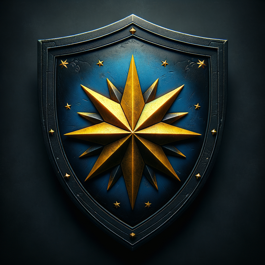 a dark blue shield with a yellow 6 points star in the middle