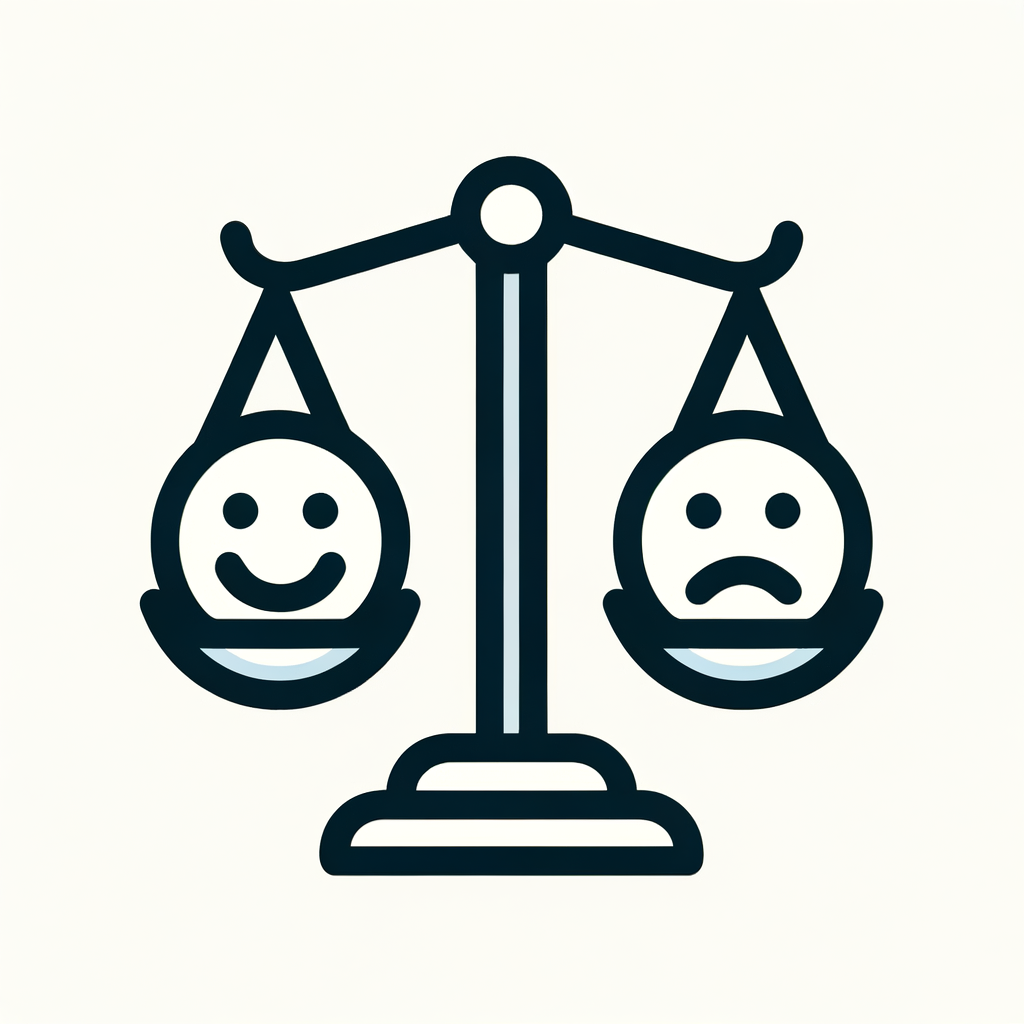 minimal flat vector icon, simple shapes, bold thick outline, no shading, 2 colors, centered, no background, a balance scale with a happy face on one side and a sad face on the other