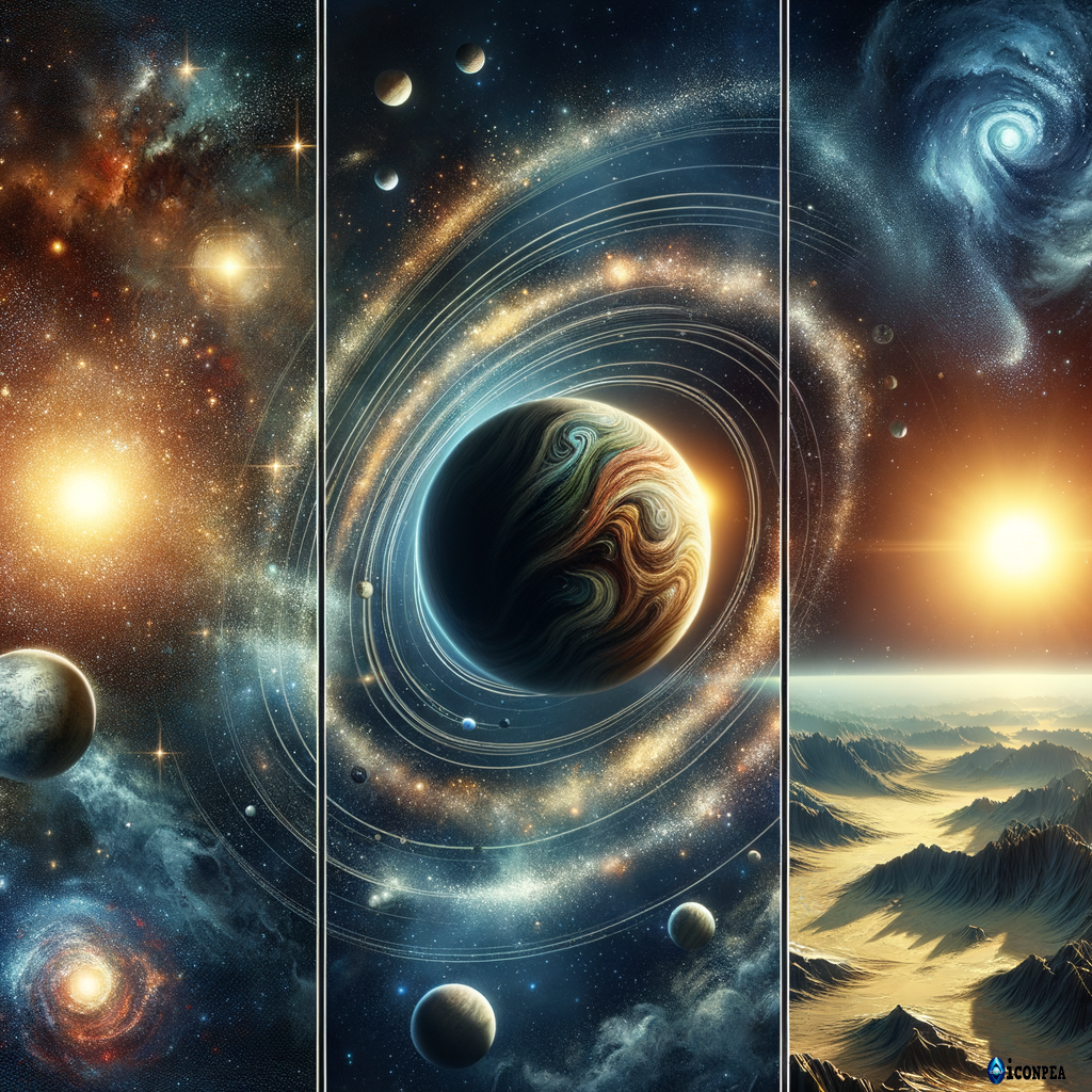 3 images side by side: 1 star system, 2 planetary orbit, 3 surface planet