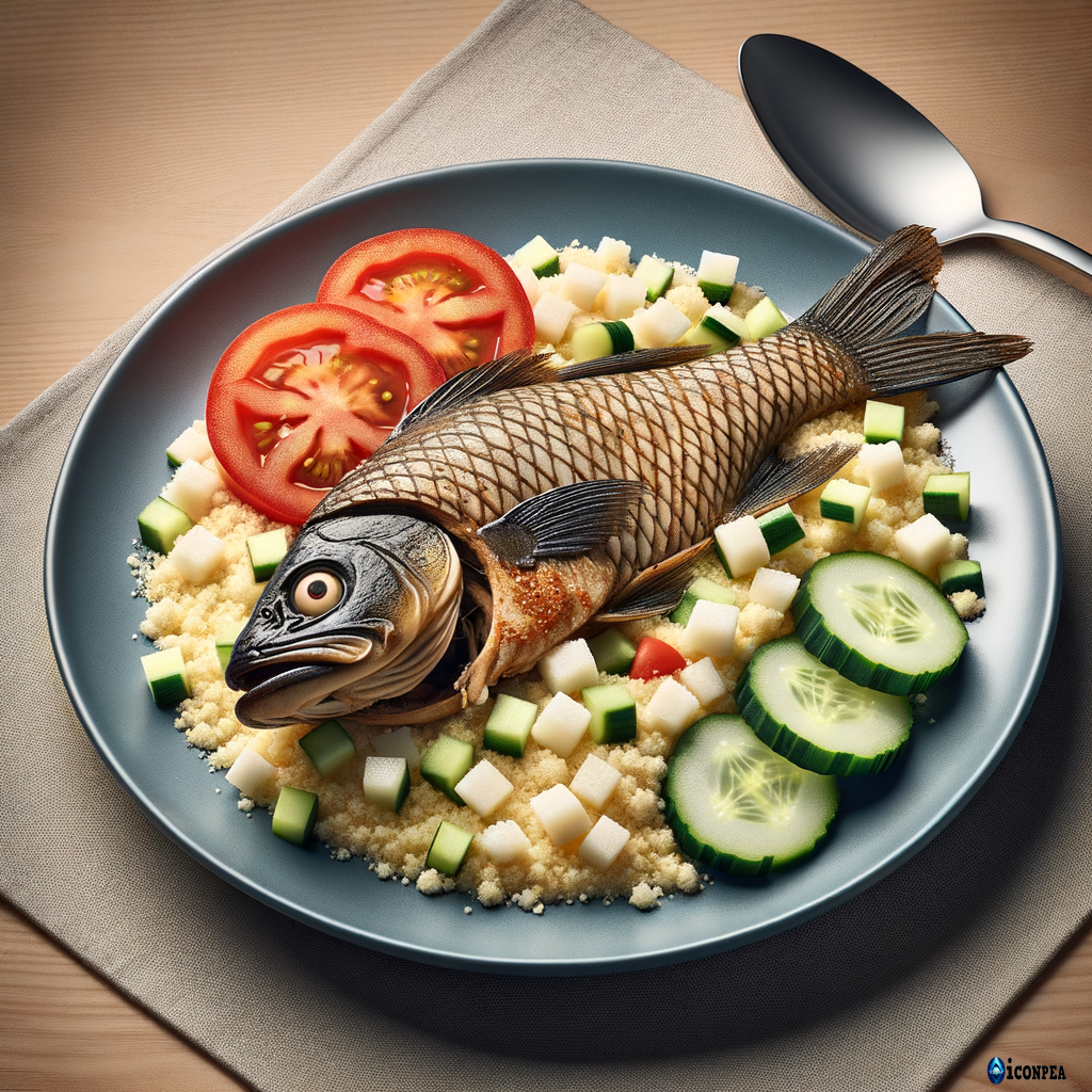 un image de couscous de manioc avec concombre et tomata coupés en dés avec belle carpe d'eau douce braisé morte et sans les yeux