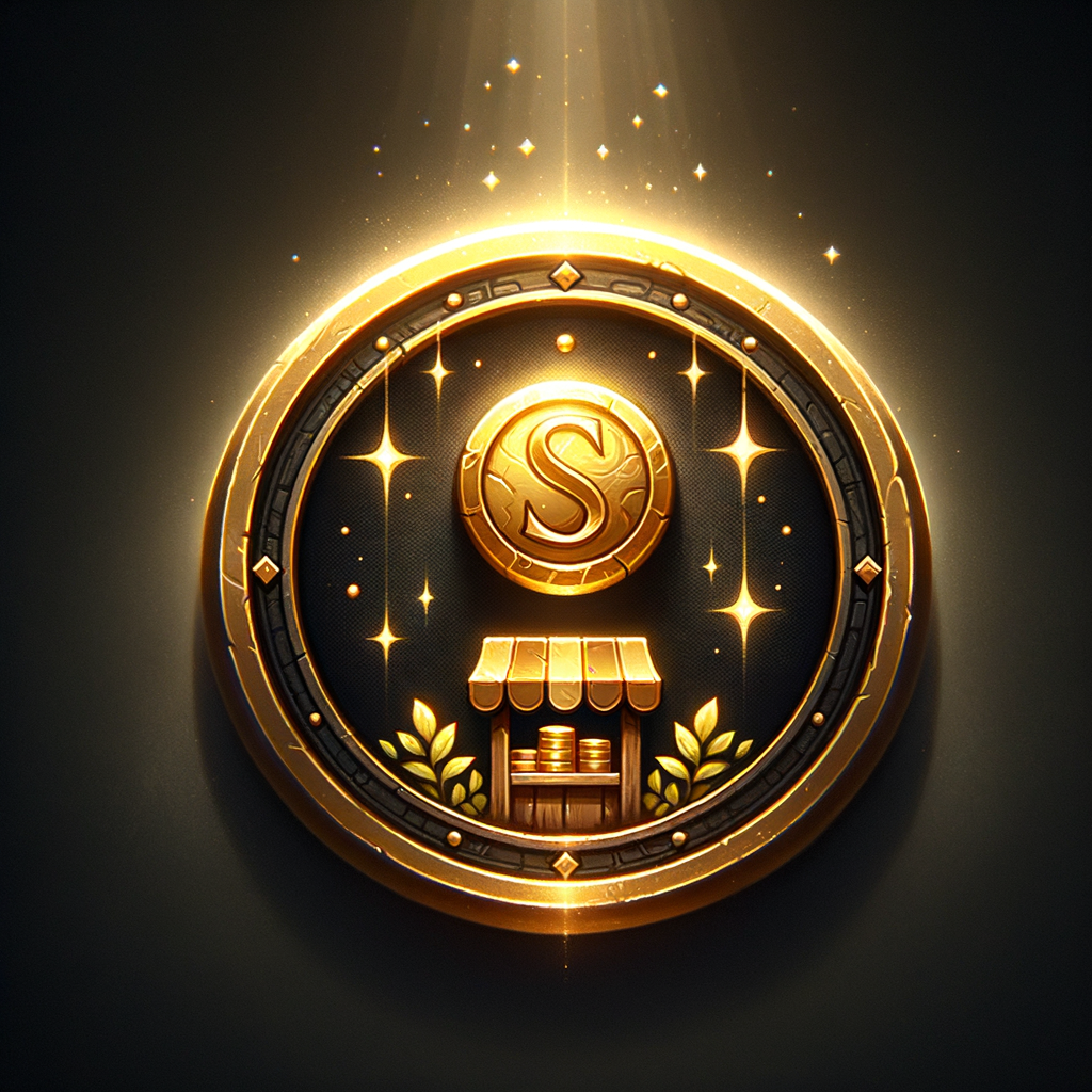offline shop icon, small market stall, coin symbol, glowing gold coins, fantasy trade icon, detailed but clean, dark UI background, soft glow, game UI fantasy MMORPG UI icon, metin2 style, 32x32, centered, dark background, high contrast, glowing edges, sharp, game interface icon, no text, no border