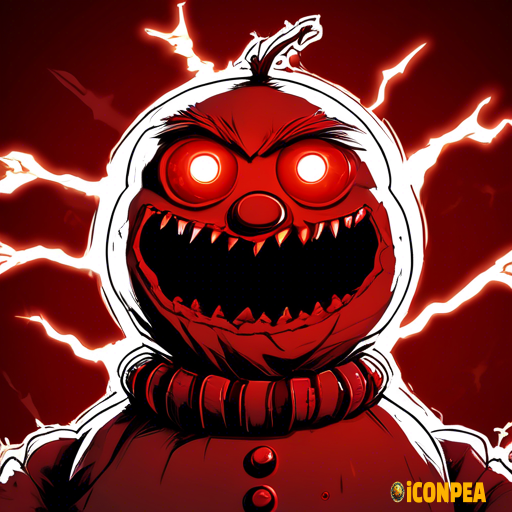 the head of an evil dark red snowman with red eyes, who has a big gear instead of a hat and a bitten carrot instead of a nose