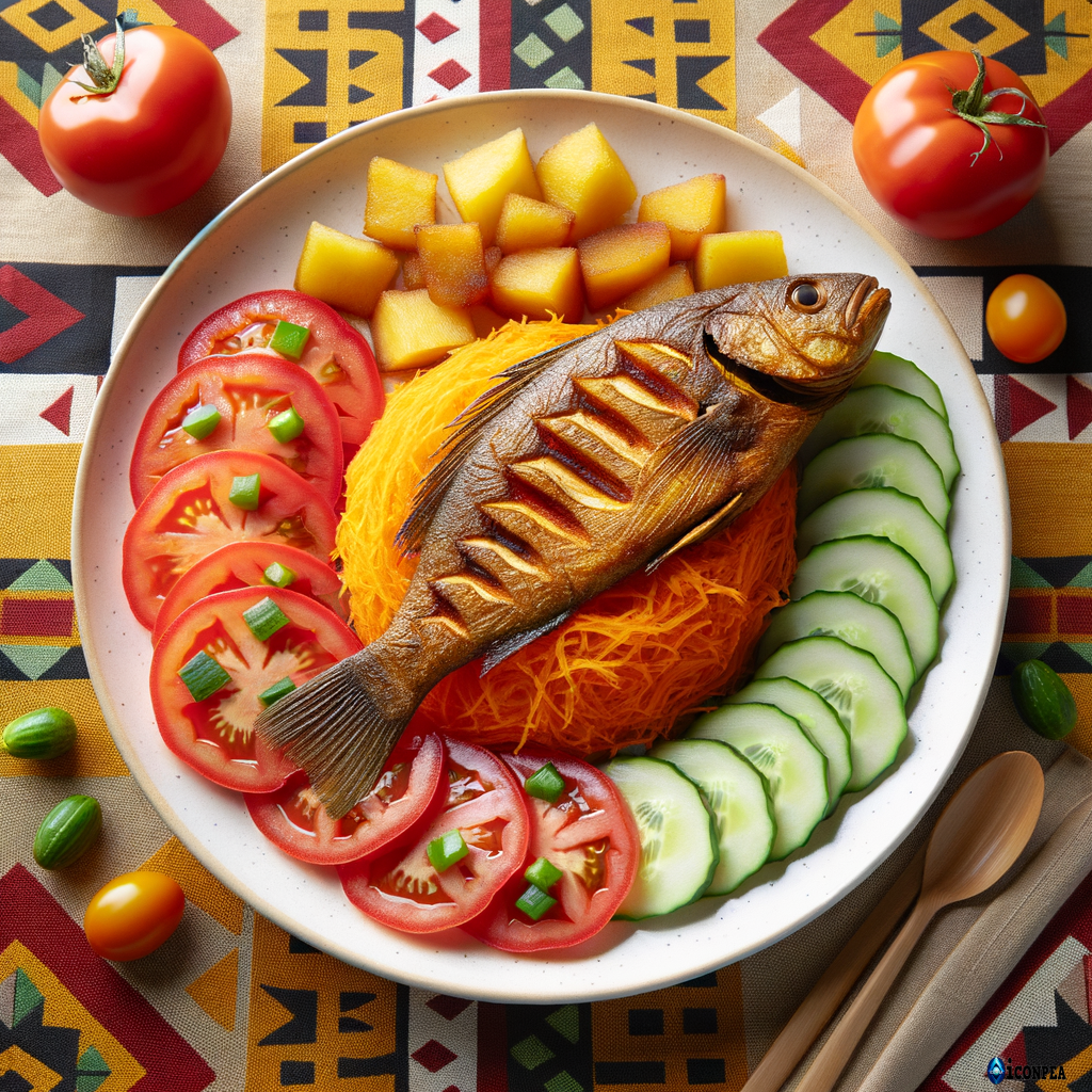 Une assiette d'atiéké avec tomate et concombre et poisson braisé