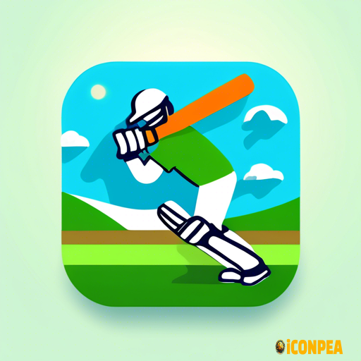A bold and modern app icon for a cricket scoring app named "Gully Score Lite" by Myself Android. Focus on a stylized batsman in action with bat raised, wearing minimal gear. Use flat design with strong colors – green background, orange sun in the background, white uniform, and blue accents. Include stumps, clouds, and hills for background texture. Minimal shadows. Text not required in the icon. The design should be square, crisp, and instantly recognizable as a cricket scoring app. Style similar to sports illustration poster, with clean lines and clear composition. Icon must be vibrant and optimized for mobile app use.