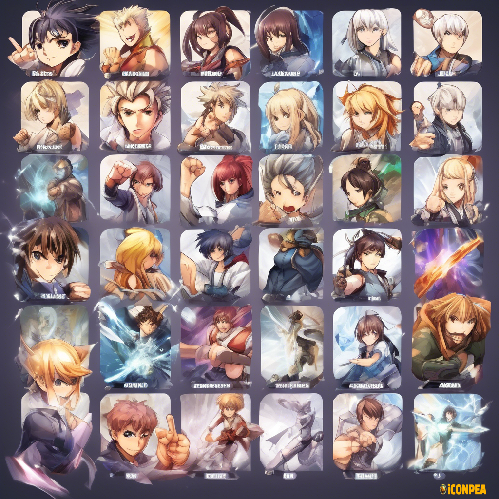 Objective: Create an anime-style icon layout for each of the defined skills, in a format matching the provided example image.  10 skills for each of the characters mentioned above.  Details for each icon/design:  Clear Visual Representation The artwork must immediately convey whether the skill is Physical, Magical, Buff, Debuff, or Healing (e.g. a fist for a physical move, an energy orb for a spell, a heart for healing, etc.).  Show the Character’s Action Include a small silhouette or dynamic pose that highlights what the heroine does when using that skill (e.g. leaping into the air, summoning, raising a shield, casting a spell).  Style Anime style with clean linework and flat colors, enhanced by soft cel-shading.  Unified Frame or Badge Surround each icon with a consistent “fantasy-tech” frame or badge.  Format Transparent PNG, 128×128 px each (or similar), ready for use in HUDs or menus.