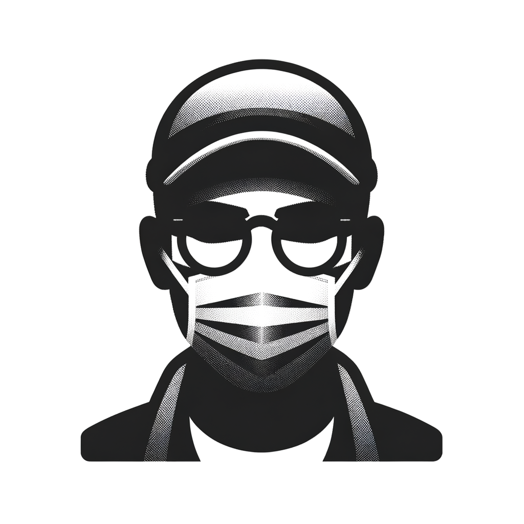 Create a minimalist icon with a PNG output of a man wearing a cap, mask, and glasses facing the camera.