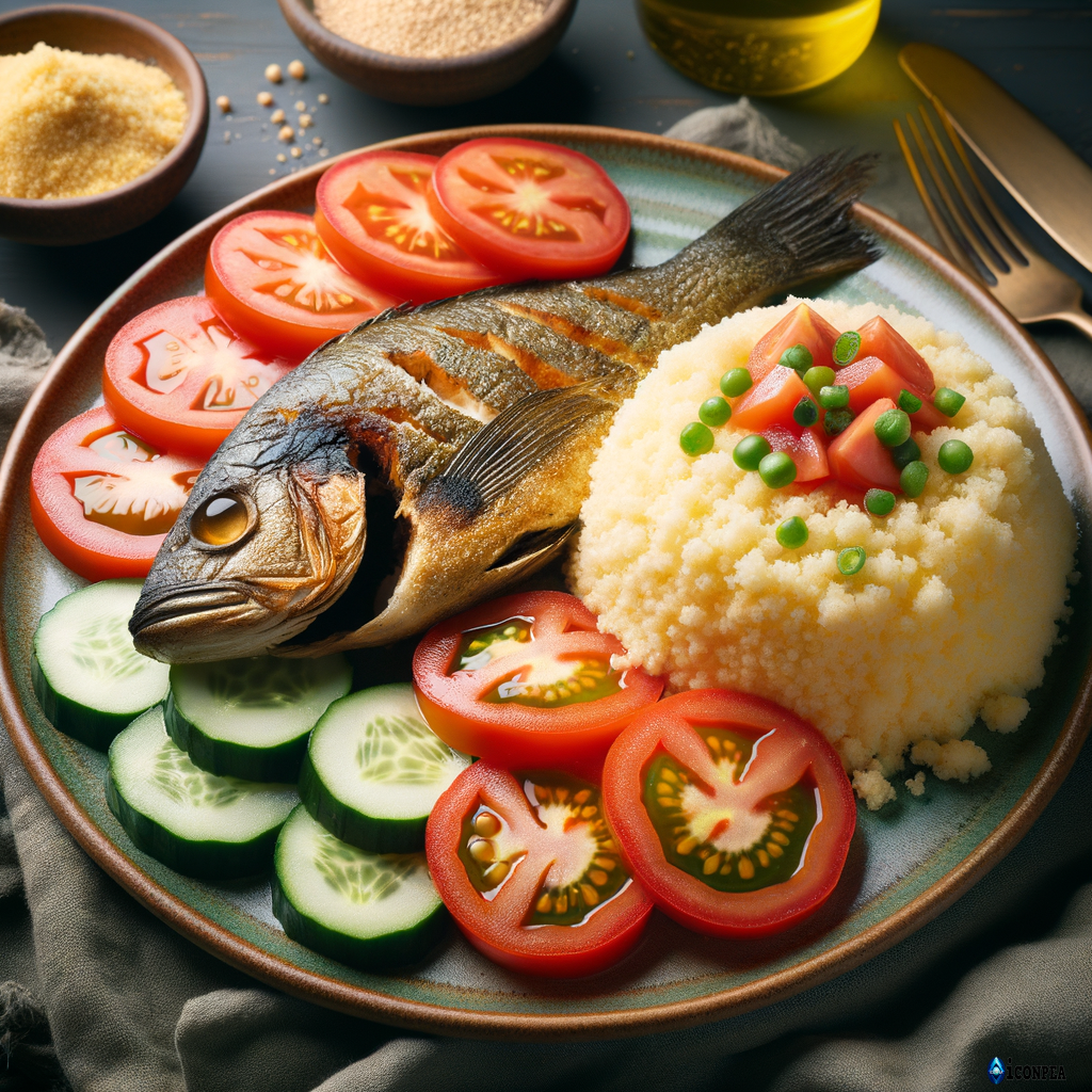 Une assiette de couscous de manioc avec tomate et concombre et poisson braisé