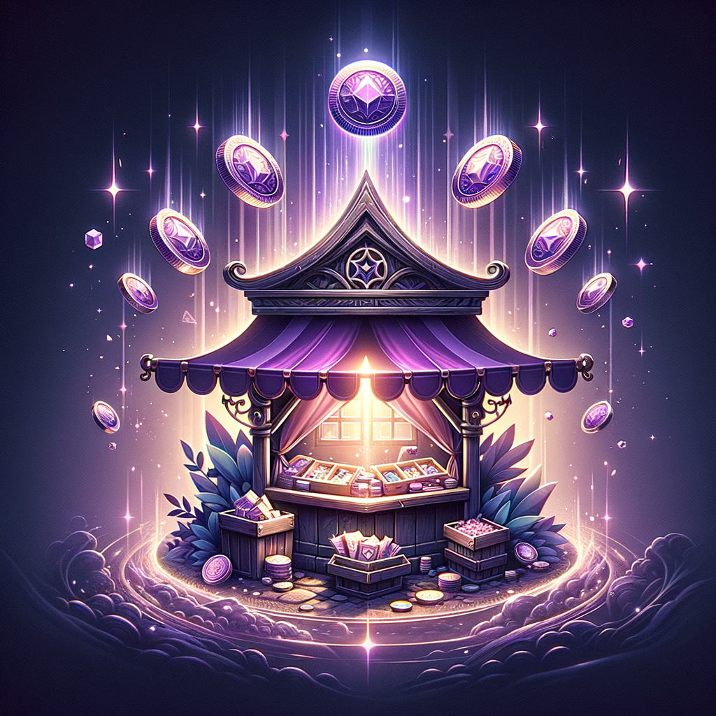 offline shop icon, fantasy market stall, glowing purple aura, magical trade symbol, floating coins, enchanted shop, dark background, epic rarity style, soft purple light, highly detailed, sharp, centered, MMORPG UI icon, no text, no border,isolated object, centered composition, game icon style