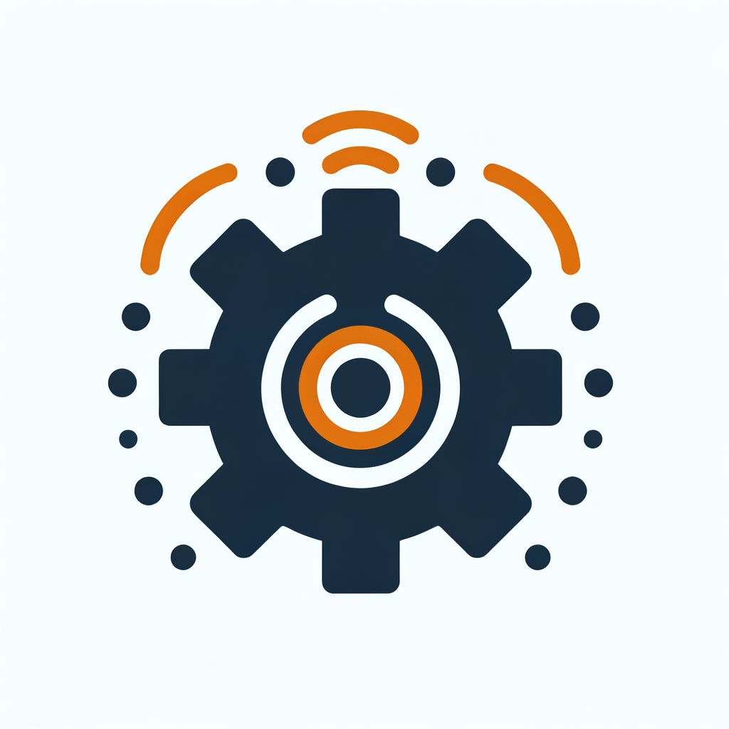 modern flat icon, gear with signal waves, real-time monitoring system, industrial IoT style, dark blue with orange accents, minimalistic, clean lines, vector icon, no text, white background