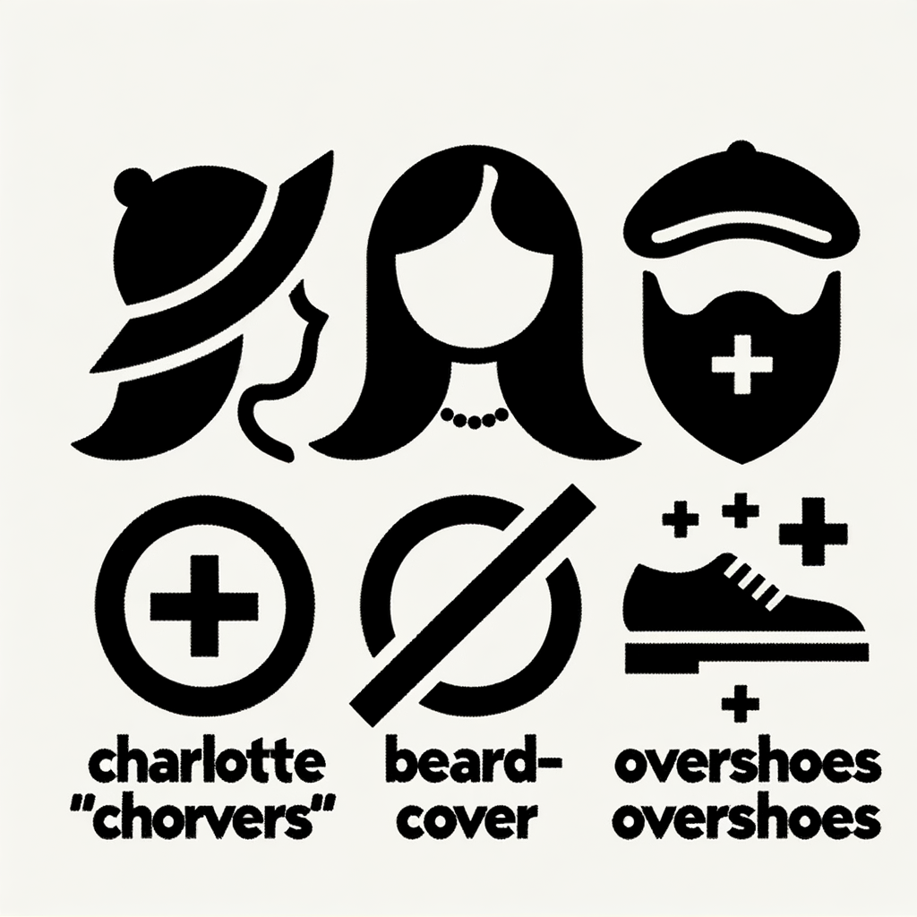 je veux générer une petit icone en noir et blanc proportion 2cm sur 2 cm sur une feuille A4, essaye de représenter: Charlotte, Caches-barbe et sur-chaussures disponibles en quantité suffisante