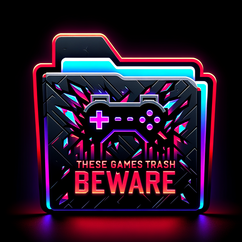 A cutout-style desktop folder icon with no square or rectangular border. The icon itself is only the shape of a black futuristic folder with glowing neon purple, cyan, and red edges. The folder is slightly open and a broken black PlayStation-style controller is sticking out dramatically from the top. Large glowing red warning text saying "THESE GAMES ARE TRASH - BEWARE" is floating across the folder in a bold aggressive font. The entire icon has an irregular silhouette with parts extending outside the normal shape, transparent background, cyberpunk neon style, sharp clean edges, suitable for a Windows ICO icon.
