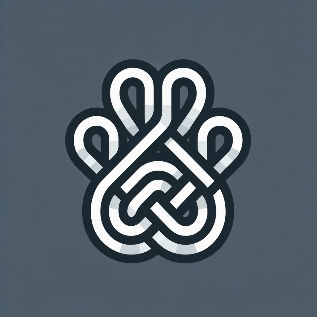 minimal geometric logo icon,  dog paw constructed with clean rope-like lines,  interwoven curves suggesting binding structure,  abstract and symbolic,  pure black and white only, no gradients,  high contrast, balanced composition,  smooth curves, cohesive form,  flat vector, centered, no text