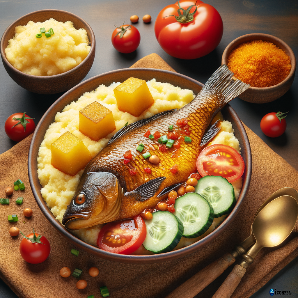 un image de couscous de manioc avec concombre et tomata coupés en dés avec belle carpe bien braisé