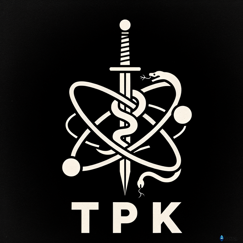 white text "TPK" on a black background, above letters an atom symbol of uran with a snake inside and a sword piercing the atom from top to bottom, minimalism, simple