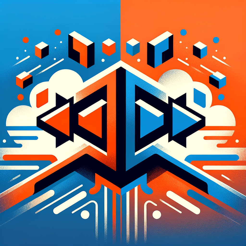 conflict between platform and channel, two opposing arrows or colliding squares, blue and orange colors, flat design, minimalist icon
