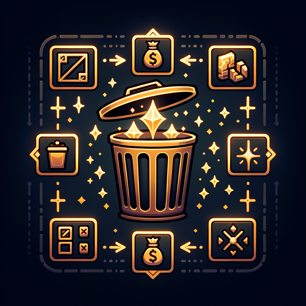 inventory management icon, trash bin with glowing items, sell items symbol, gold conversion effect, magical dissolve, fantasy UI icon, clean and sharp fantasy MMORPG UI icon, metin2 style, 32x32, centered, dark background, high contrast, glowing edges, sharp, game interface icon, no text, no border