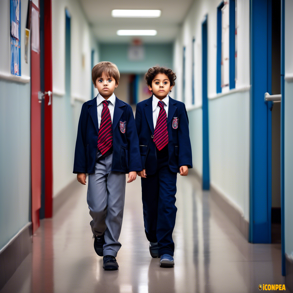 A 9 and 6 years old boy siblings walking in the school corridor, both wearing school uniform(navy blue shirts with striped navy blue and red ties and grey school pants. Both looking scared or sad