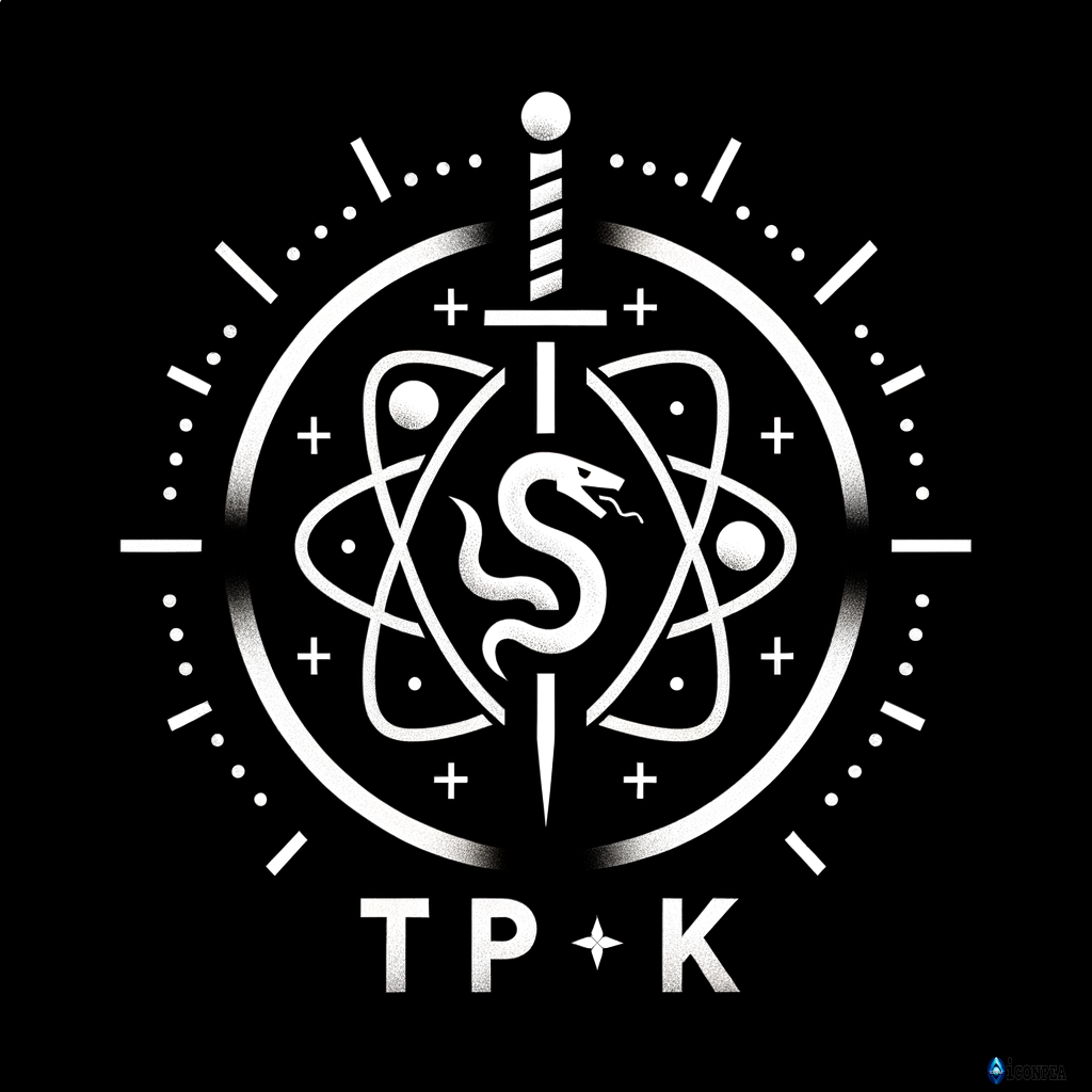 white text "TPK" on a black background, above letters an atom symbol of uran with a snake inside and a sword piercing the atom from top to bottom, minimalism, simple