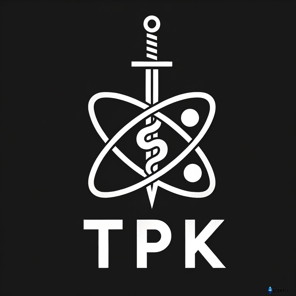 white text "TPK" on a black background, above letters an atom symbol of uran with a snake inside and a sword piercing the atom from top to bottom, minimalism, simple