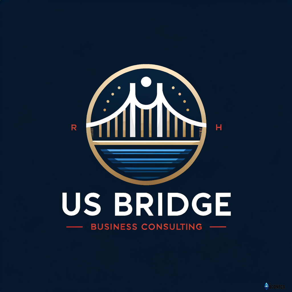 Create a premium, minimal, professional logo for “US Bridge” with the text exactly as: US Bridge Use an elegant, simple bridge icon inspired by the letters U and S, clearly readable and high-end. The style should be modern, corporate, timeless, and suitable for business consulting and global services. Colors: blend navy blue and white with elegant royal gold, with red used minimally as an accent. The logo must be clean, balanced, and look great on dark and light backgrounds.without any add words only US Bridge .
