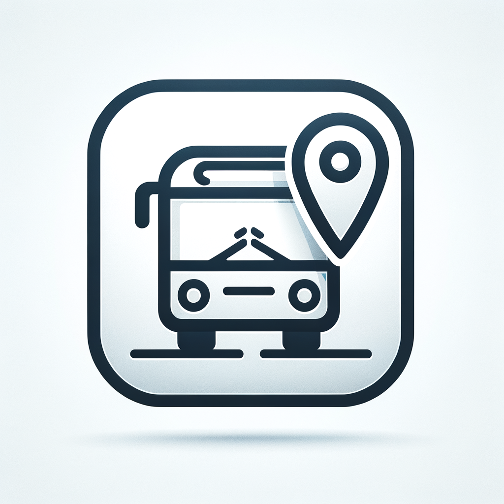 Minimal flat icon of a bus with a GPS pin, clean, modern, app icon style, transparent background