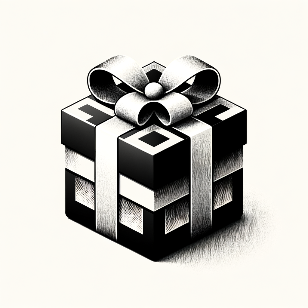A small cube-shaped (classic) wrapped present/gift icon, black and white, clean and stylish.
