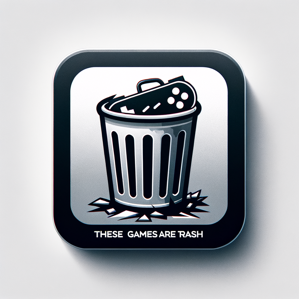 A simple square desktop icon, gray metal trash can with a white or light gray background. Inside the trash can there is a broken black PlayStation-style controller partially sticking out. Above or below the trash can, bold warning text says: "THESE GAMES ARE TRASH - BEWARE". Clean icon style, minimal details, high contrast, suitable as a Windows folder or file icon, centered composition, no extra objects, 1:1 ratio.